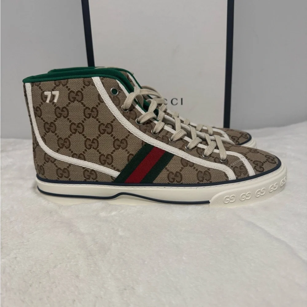 Gucci Beige GG Canvas High-Top Sneaker with Green & Red Web